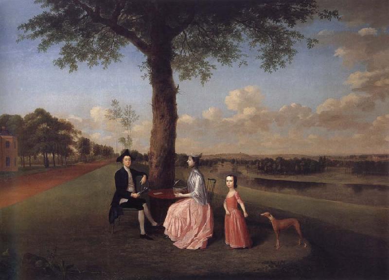 Arthur Devis Henry Fiennes Clinton,9th Earl of Lincoln,with his wife,Catherine and his son,George,on the great terrace at Oatlands oil painting image